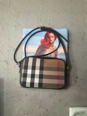 NEW BURBERRY SIGNATURE CHECK CANVAS Black  LEATHER CAMERA BAG CROSSBODY